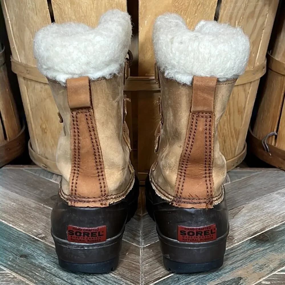 Sorel Alpine Tan Leather Faux Fur Waterproof Vintage Snow Boots Womens Size 6
